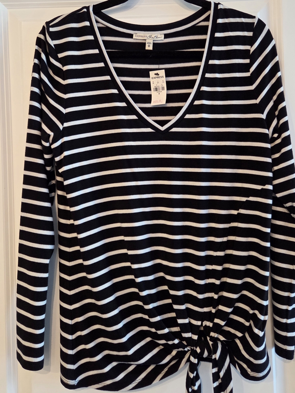 Express Black and White Striped V-Neck Long Sleeve Tie-Front Top